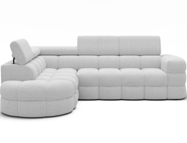 Ecksofa Carmenn mit Schlaffunktion, Bettkasten und verstellbaren Kopfstützen, weißer Bouclé, linksseitig
