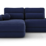 Ecksofa Ripeli mit Schlaffunktion und Bettkasten, dunkelblauer Samt, linksseitig
